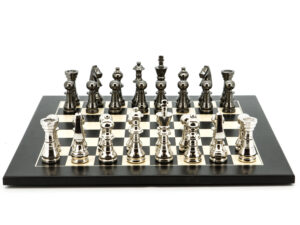 Dal Rossi Italy Chess Set Flat  Carbon Fibre Board 50cm, With Metal Dark Titanium and Silver chessmen 115mm
