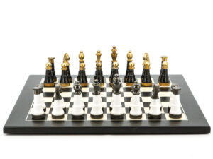 Dal Rossi Italy Chess Set Flat  Black/Erable Board 50cm, With Black and White with Gold and Gun Metal Tops and Bottoms Chessmen 110mm