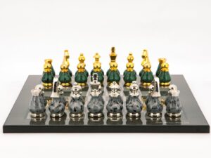 Dal Rossi Italy Chess Set Carbon Fibre Finish Flat Board 40cm,  With Gray and Green Gold and Silver Metal Tops and Bottoms Chess Pieces 90mm