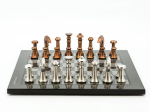 Dal Rossi Italy Chess Set Flat  Carbon Fibre Finish Board 40cm, With Metal Copper and silver Chessmen 80mm