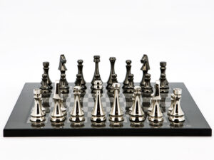 Dal Rossi Italy Chess Set Flat  Carbon Fibre Board 50cm, With Metal Dark Titanium and Silver chessmen 85mm