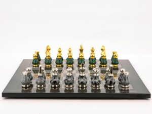 Dal Rossi Italy Chess Set Carbon Fibre Finish Flat Board 50cm,  With Gray and Green Gold and Silver Metal Tops and Bottoms Chess Pieces 90mm