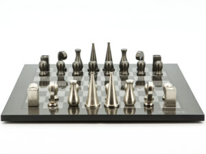 Dal Rossi Italy Chess Set Carbon Fibre Finish Flat Board 50cm, With Metal Dark Titanium and Silver 90mm Chessmen