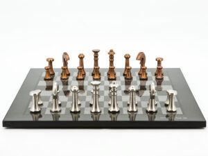 Dal Rossi Italy Chess Set Flat  Carbon Fibre Finish Board 50cm, With Metal Copper and silver Chessmen 80mm