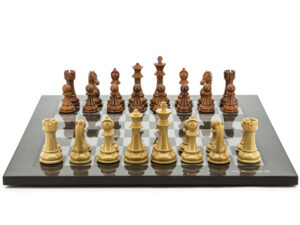 Dal Rossi Italy Chess Set Flat Carbon Fibre Board 50cm, Brown and Box Wood Grain Finish Chess Pieces 110mm