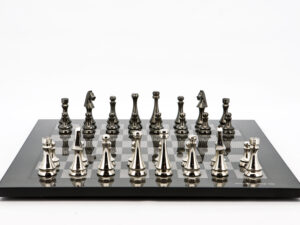 Dal Rossi Italy Chess Set Flat  Carbon Fibre Board 50cm, With Metal Dark Titanium and Silver chessmen 85mm
