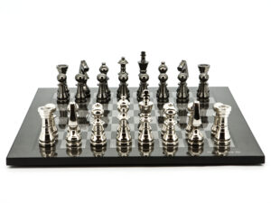 Dal Rossi Italy Chess Set Flat  Carbon Fibre Board 50cm, With Metal Dark Titanium and Silver chessmen 115mm