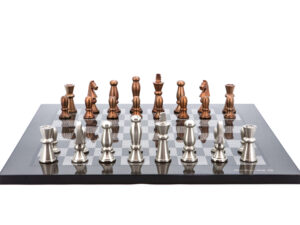 Dal Rossi Italy Chess Set Carbon Fibre Finish Flat Board 50cm, With Copper and Silver Weighted Metal Chess Pieces 85mm pieces