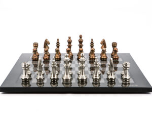 Dal Rossi Italy Chess Set Carbon Fibre Finish Flat Board 50cm, With Copper & Silver Weighted Metal 100mm Chess Pieces