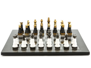 Dal Rossi Italy Chess Set Flat  Carbon Fibre Board 50cm, With Black and White with Gold and Gun Metal Tops and Bottoms Chessmen 110mm