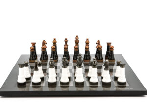 Dal Rossi Italy Chess Set Flat  Carbon Fibre 50cm, With Black and White with Copper and Gun Metal Gray Tops and Bottoms Chess Pieces 110mm