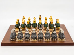 Dal Rossi Italy Chess Set Mahogany Maple Flat Board 40cm, With Gray and Green Gold and Silver Metal Tops and Bottoms Chess Pieces 90mm