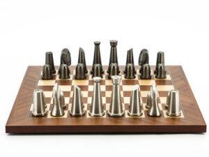 Dal Rossi Italy Chess Set Mahogany Maple Flat Board 40cm, With Metal Dark Titanium and Silver chessmen 85mm