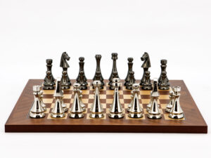 Dal Rossi Italy Chess Set Mahogany Maple Flat Board 40cm, With Metal Dark Titanium and Silver chessmen 85mm