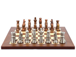 Dal Rossi Italy Chess Set Mahogany Maple Flat Board 40cm, With Copper Silver Weighted Metal Chess Pieces 85mm