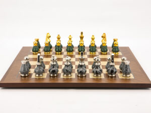Dal Rossi Italy Chess Set Mahogany Maple Flat Board 50cm, With Gray and Green Gold and Silver Metal Tops and Bottoms Chess Pieces 90mm