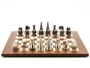 Dal Rossi Italy Chess Set Mahogany Maple Flat Board 50cm, With Metal Dark Titanium and Silver 90mm Chessmen