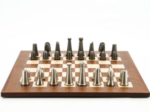 Dal Rossi Italy Chess Set Mahogany Maple Flat Board 50cm, With Metal Dark Titanium and Silver chessmen 85mm