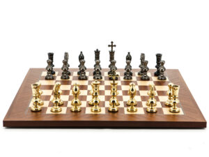 Dal Rossi Italy Chess Set Mahogany Maple Flat Board 50cm, With Metal Dark Titanium and Gold Chessmen 110mm