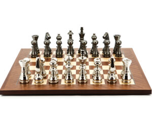 Dal Rossi Italy Chess Set Mahogany Maple Flat Board 50cm, With Metal Dark Titanium and Silver chessmen 115mm