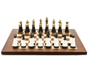 Dal Rossi Italy Chess Set Mahogany Maple Flat Board 50cm, With Black and White with Gold and Gun Metal Tops and Bottoms Chessmen 110mm