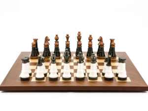 Dal Rossi Italy, Black and White with Copper and Gun Metal Gray Tops and Bottoms Chessmen on a Palisander and Maple 50cm