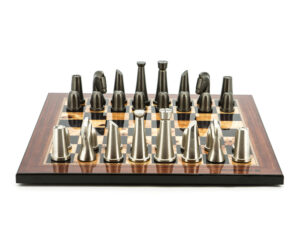 Dal Rossi Italy Chess Set Flat  Walnut Finish Board 40cm, With Metal Dark Titanium and Silver chessmen 85mm