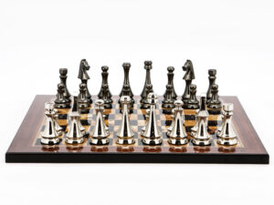 Dal Rossi Italy Chess Set Flat  Walnut Finish Board 40cm, With Metal Dark Titanium and Silver chessmen 85mm