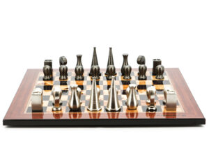 Dal Rossi Italy Chess Set Walnut Finish Flat Board 50cm, With Metal Dark Titanium and Silver 90mm Chessmen