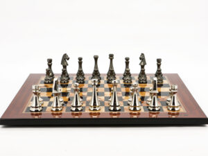 Dal Rossi Italy Chess Set Flat  Walnut Finish Board 50cm, With Metal Dark Titanium and Silver chessmen 85mm