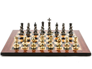 Dal Rossi Italy Chess Set Flat  Walnut Finish Board 50cm, With Metal Dark Titanium and Gold Chessmen 110mm