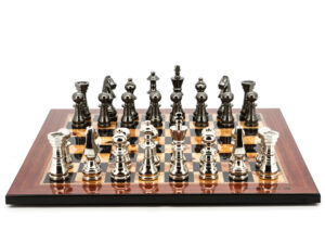 Dal Rossi Italy Chess Set Flat  Walnut Finish Board 50cm, With Metal Dark Titanium and Silver chessmen 115mm