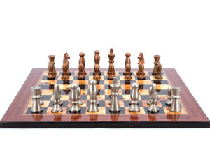 Dal Rossi Italy Chess Set Walnut Finish Flat Board 50cm, With Copper & Silver Weighted Metal Chess Pieces 85mm pieces