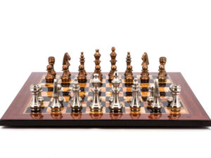 Dal Rossi Italy Chess Set Walnut Finish Flat Board 50cm, With Copper and Silver Weighted Metal Chess Pieces 100mm pieces