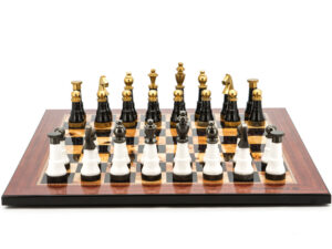 Dal Rossi Italy Chess Set Flat  Walnut Finish Board 50cm,With Black and White with Gold and Gun Metal Tops and Bottoms Chessmen 110mm