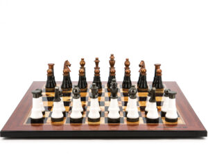Dal Rossi Italy Chess Set Flat  Walnut Finish 50cm, With Black and White with Copper and Gun Metal Gray Tops and Bottoms Chess Pieces 110mm