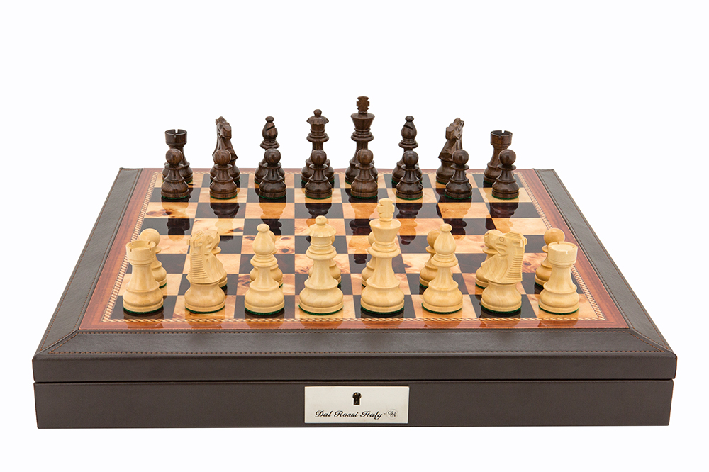 Dal Rossi Walnut Finish PU Leather Bevelled Edge 16" Chess Set With Compartments and Boxwood and Sheesham 85mm Chess Pieces