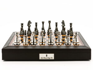 Dal Rossi Italy Chess Set 18” Brown with PU Leather Edge with compartments, With Metal Dark Titanium and Silver chessmen 85mm