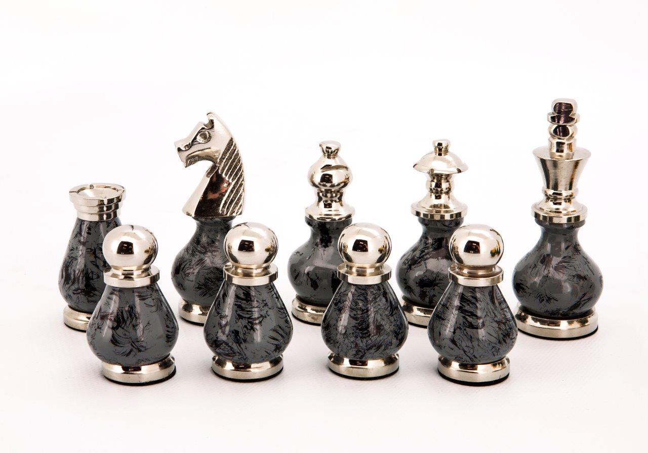 Dal Rossi Italy Chess Set Palisander / Maple Flat Board 40cm, With Gray and Green Gold and Silver Metal Tops and Bottoms Chess Pieces 90mm - Image 4