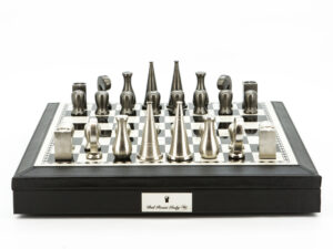 Dal Rossi Italy Chess Set 18” Black and White, With Black PU Leather Bevelled Edge with compartments, With Metal Dark Titanium and Silver 90mm Chessmen