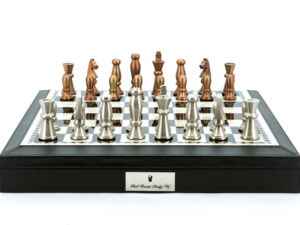 Dal Rossi Italy Chess Set 18” With Black PU Leather Edge with compartments, With Copper & Silver Weighted Metal 85mm Chess Pieces