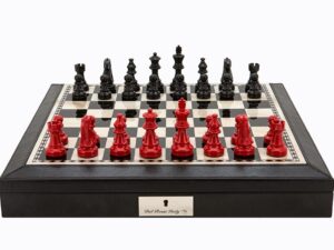 Dal Rossi Italy Black PU Leather Bevilled Edge chess box with compartments 18" with French Lardy Black/Red 85mm Chessmen