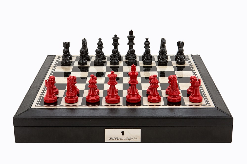 Dal Rossi Italy Black PU Leather Bevilled Edge chess box with compartments 18" with French Lardy Black/Red 85mm Chessmen