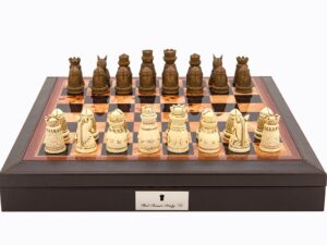 Dal Rossi Italy Brown PU Leather Bevilled Edge chess box with compartments 18" with Medieval Resin Chessmen