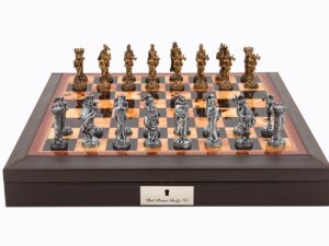 Dal Rossi Italy Brown PU Leather Bevilled Edge chess box with compartments 18" with Medieval Pewter GA Chessmen