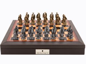 Dal Rossi Italy Brown PU Leather Bevilled Edge chess box with compartments 18" with Dragon Pewter Chessmen