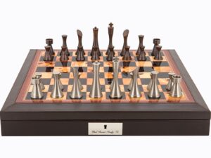 Dal Rossi Italy Brown PU Leather Bevilled Edge chess box with compartments 18" with Contemporary Metal Chessmen
