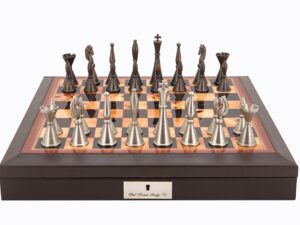 Dal Rossi Italy Brown PU Leather Bevilled Edge chess box with compartments 18″ with Staunton Metal