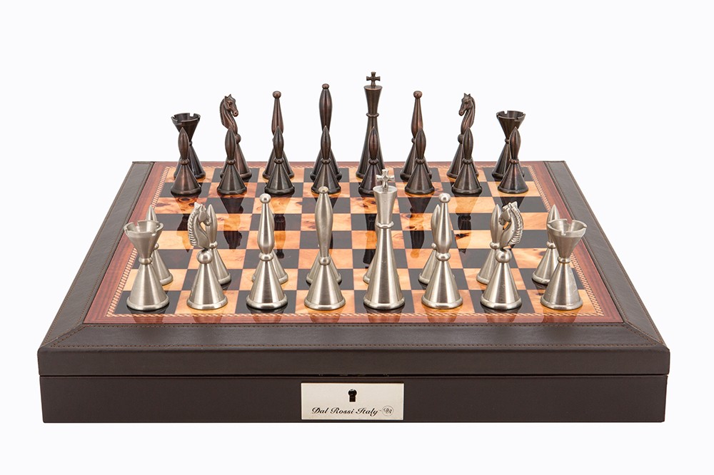 Dal Rossi Italy Brown PU Leather Bevilled Edge chess box with compartments 18″ with Staunton Metal