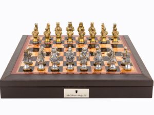 Dal Rossi Italy Brown PU Leather Bevilled Edge chess box with compartments 18" with Medieval Warriors Resin Chessmen